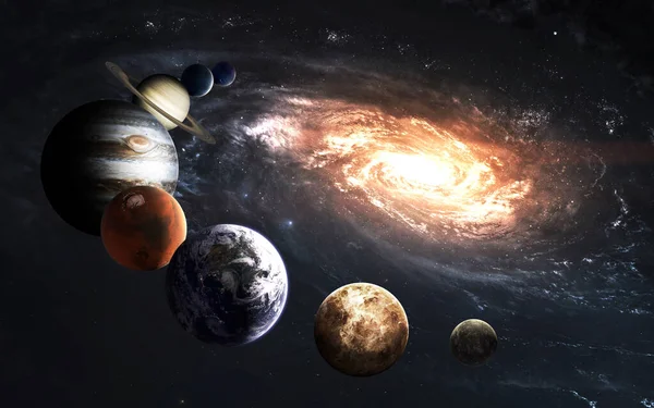 Planete din sistemul solar și Calea Lactee, minunat tapet science fiction. Elemente ale acestei imagini furnizate de NASA — Fotografie, imagine de stoc