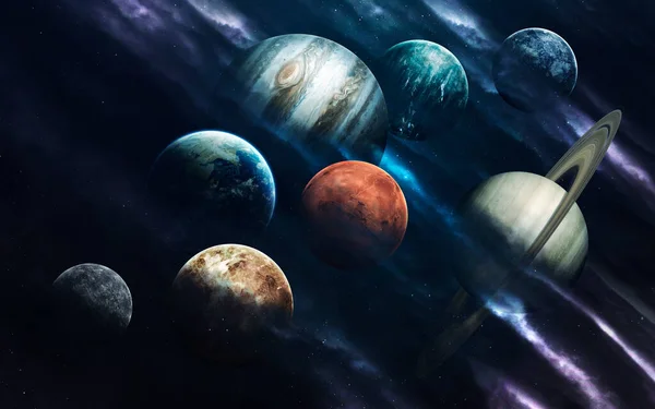 Planetas del sistema solar. Imagen de espacio profundo, fantasía de ciencia ficción en alta resolución ideal para papel pintado e impresión. Elementos de esta imagen proporcionados por la NASA — Foto de Stock