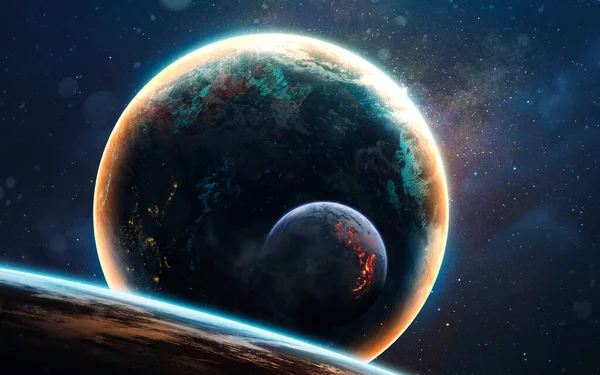 Hehkuva planeetta pimeässä ja kylmässä kosmoksessa. Syvä avaruus kuva, scifi fantasia korkean resoluution ihanteellinen taustakuva ja tulostaa. Elementit tämän kuvan kalustettu NASA — kuvapankkivalokuva