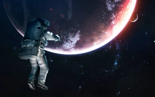 Djup rymdplanet, fantastisk science fiction tapet, astronaut på rymdpromenad. Delar av denna bild tillhandahålls av NASA — Stockfoto