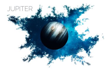 Jüpiter. Beyaz arka planda uzay tarzı su sıçraması. Güneş sistemi gezegenli nebuladan oluşan yaratıcı bir düzen. Bu görüntünün elementleri NASA tarafından desteklenmektedir