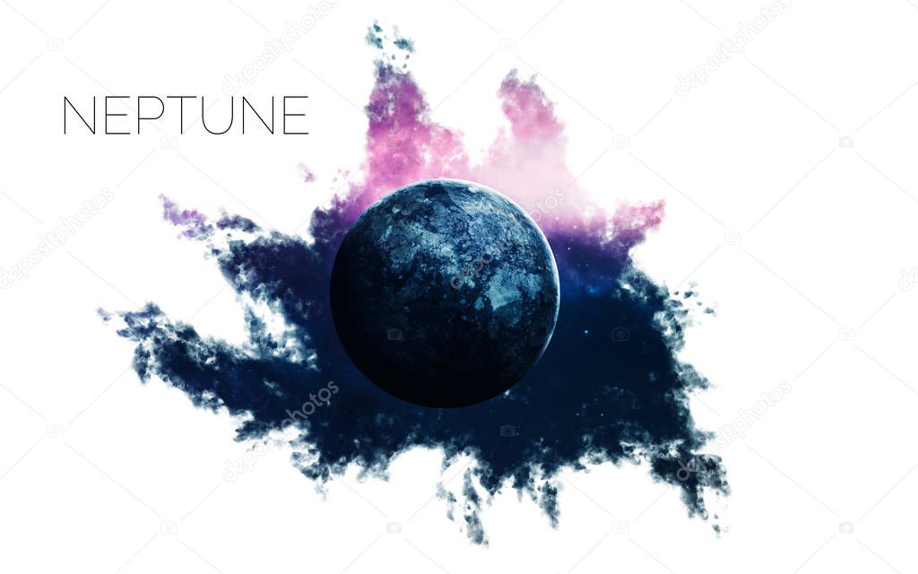 Neptune. Space style water splash on white background. Creative layout made of nebula with planet of solar system. Elements of this image furnished by NASA