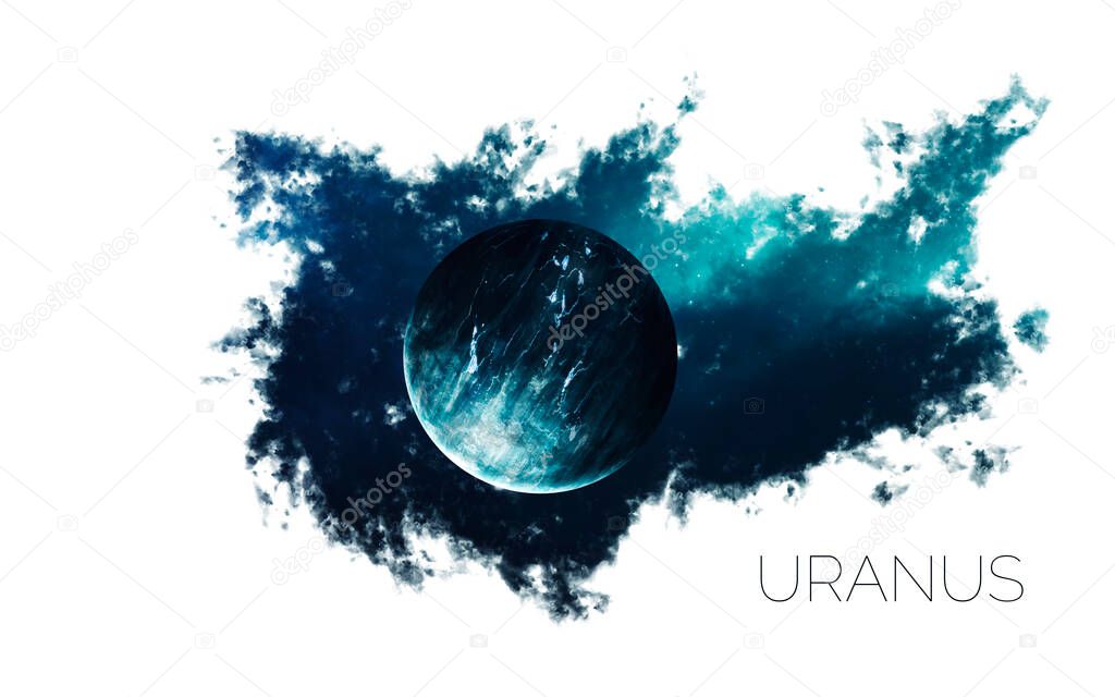 Uranus. Space style water splash on white background. Creative layout made of nebula with planet of solar system. Elements of this image furnished by NASA