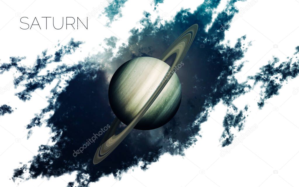 Saturn. Space style water splash on white background. Creative layout made of nebula with planet of solar system. Elements of this image furnished by NASA