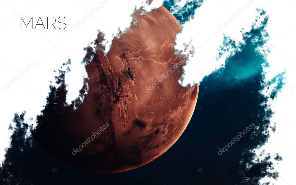 Mars. Space style water splash on white background. Creative layout made of nebula with planet of solar system. Elements of this image furnished by NASA