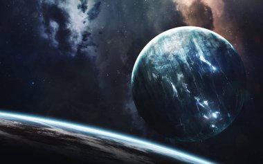 Sonsuz evren, bilim kurgu görüntüsü, dev gezegenli karanlık uzay, sıcak yıldızlar, yıldız alanları. İnanılmaz derecede güzel kozmik bir manzara. Bu görüntünün elementleri NASA tarafından desteklenmektedir