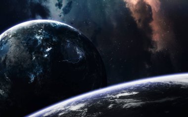 Sonsuz evren, bilim kurgu görüntüsü, dev gezegenli karanlık uzay, sıcak yıldızlar, yıldız alanları. İnanılmaz güzel kozmik manzara. Bu görüntünün elementleri NASA tarafından desteklenmektedir