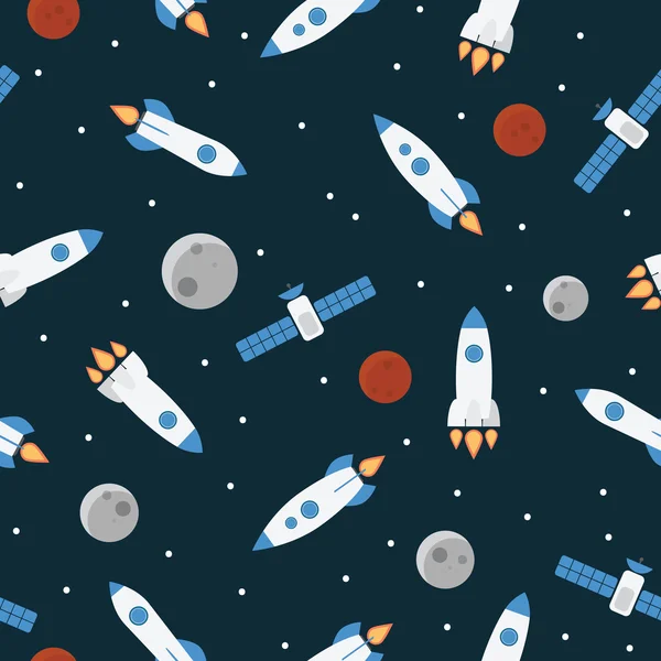 Seamless space pattern with rockets and stars — Stock Vector