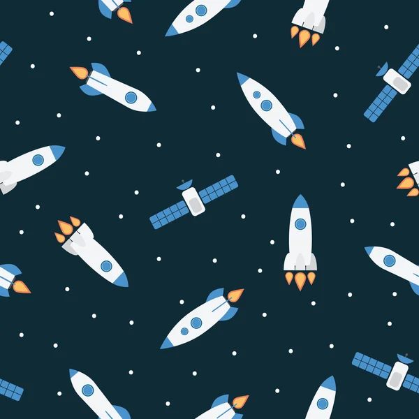 Seamless space pattern with rockets and stars — Stock Vector