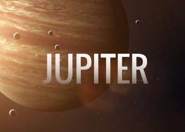 Jupiter inspiring inscription on the background of planet. Collage images from NASA.