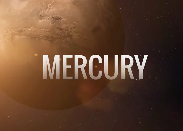Mercury inspiring inscription on the background of planet. Collage images from NASA. — Stockfoto