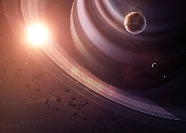 Die Saturne mit Monden aus dem Weltraum, die ihre ganze Schönheit zeigen. extrem detailliertes Bild, einschließlich der Elemente, die von der nasa geliefert wurden. andere Orientierungen und Planeten verfügbar. — Stockfoto