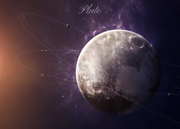 Le Pluton avec des lunes de l'espace montrant toute leur beauté. Image extrêmement détaillée, y compris des éléments fournis par la NASA. Autres orientations et planètes disponibles . Image En Vente