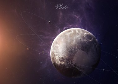 The Pluto with moons from space showing all they beauty. Extremely detailed image, including elements furnished by NASA. Other orientations and planets available.