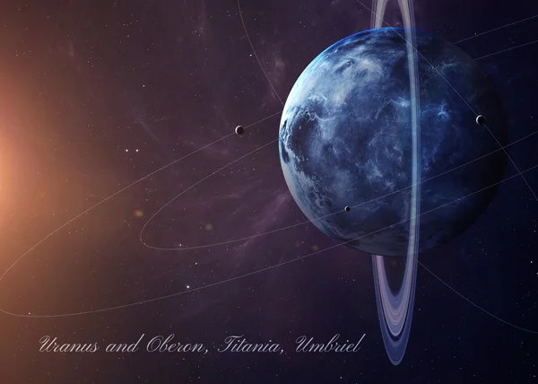 Urano con lunas del espacio mostrando toda su belleza. Imagen extremadamente detallada, incluyendo elementos proporcionados por la NASA. Otras orientaciones y planetas disponibles . —  Fotos de Stock