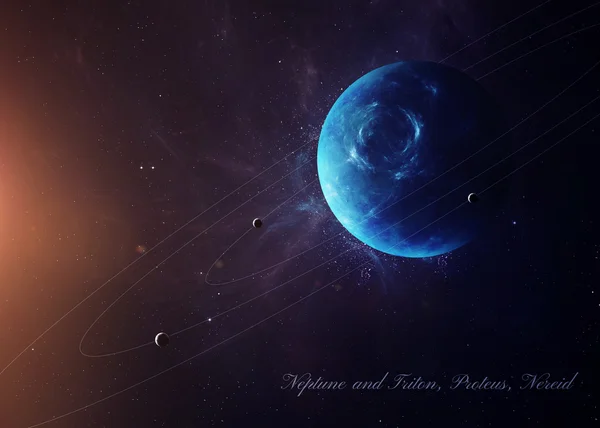 Neptun cu sateliți din spațiu care arată tot ce este frumos. Imagine extrem de detaliată, inclusiv elemente furnizate de NASA. Alte orientări și planete disponibile . Imagine de stoc