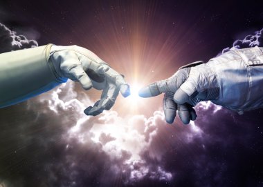 Michelangelo Gods touch. Close up of human hands touching with fingers in space. Elements of this image furnished by NASA clipart