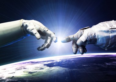 Michelangelo Tanrıları dokunuyor. Uzayda insan elinin parmaklarıyla dokunuşunu kapat. Bu görüntünün elementleri NASA tarafından desteklenmektedir