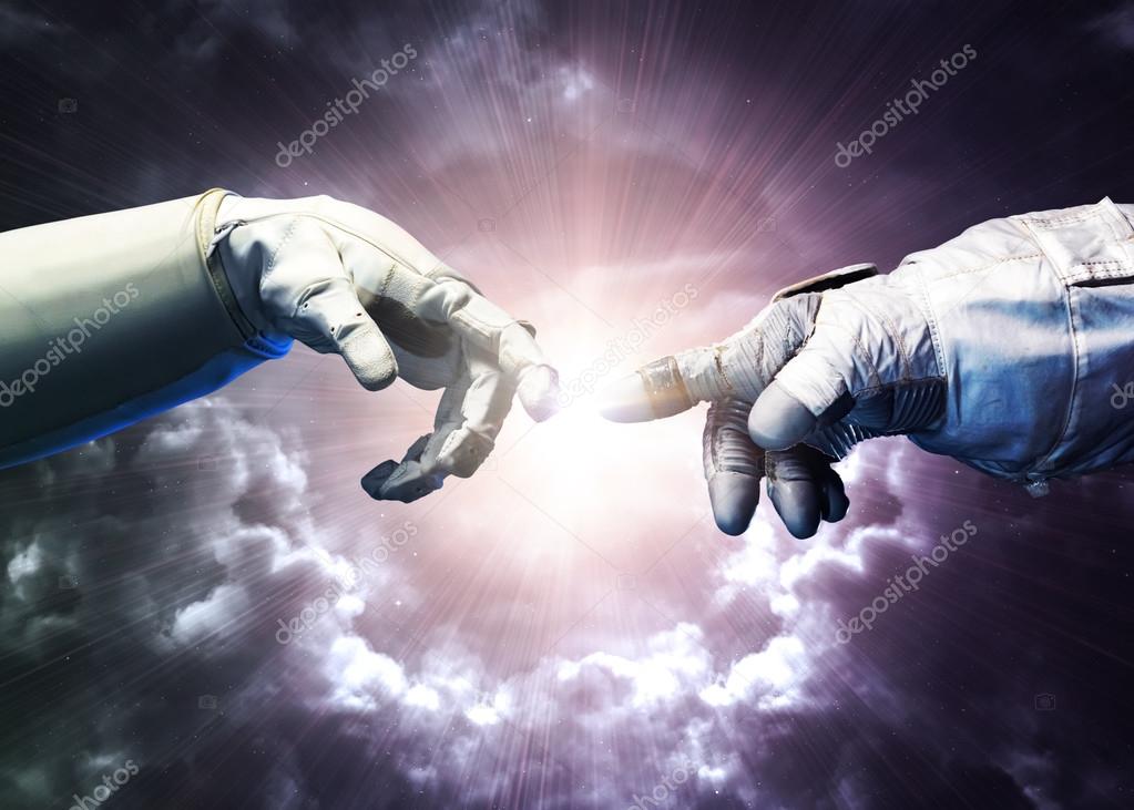 Michelangelo Gods touch. Close up of human hands touching with fingers in space. Elements of this image furnished by NASA
