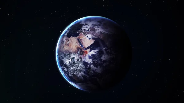 Fondo pacífico, cielo azul nocturno con la Tierra, estrellas, hermosas nubes, horizonte brillante. Elementos proporcionados por la NASA —  Fotos de Stock