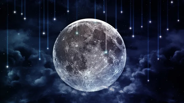 Friedlicher Hintergrund, blauer Nachthimmel mit Mond, Sternen, schönen Wolken, leuchtendem Horizont. Elemente von nasa — Stockfoto