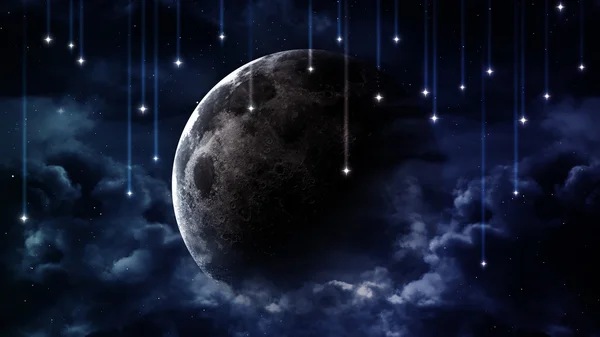 Fondo pacífico, cielo azul nocturno con luna, estrellas, hermosas nubes, horizonte brillante. Elementos proporcionados por la NASA — Foto de Stock