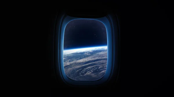 Ziemska planeta w otworze okna statku kosmicznego. Elementy tego obrazu dostarczone przez NASA. — Zdjęcie stockowe