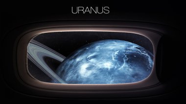 Uranus - Beauty of solar system planet in spaceship window porthole. Elements of this image furnished by NASA