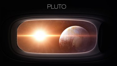 Pluto - Beauty of solar system planet in spaceship window porthole. Elements of this image furnished by NASA
