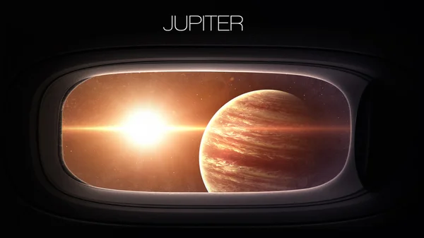 Jupiter - Beauty of solar system planet in spaceship window porthole. Elements of this image furnished by NASA — Stockfoto