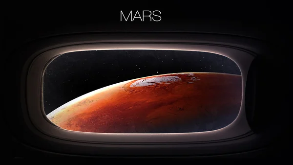 Marte: belleza del planeta del sistema solar en el ojo de buey de la ventana de la nave espacial. Elementos de esta imagen proporcionados por la NASA — Foto de Stock