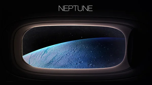 Neptun - Frumusețea planetei sistemului solar în gaura ferestrei navei spațiale. Elemente ale acestei imagini furnizate de NASA — Fotografie, imagine de stoc