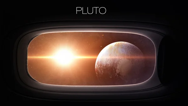 Plutón: belleza del planeta del sistema solar en el ojo de buey de la ventana de la nave espacial. Elementos de esta imagen proporcionados por la NASA — Foto de Stock