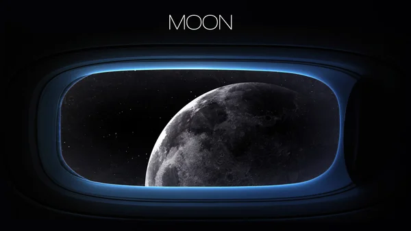 Луна - Красота планеты Солнечной системы в иллюминаторе космического корабля. Элементы этого изображения предоставлены НАСА — стоковое фото