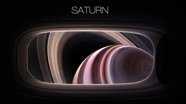 Saturn - Beauty of solar system planet in spaceship window porthole. Elements of this image furnished by NASA — Stock Photo, Image