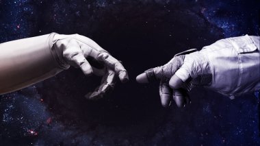 Michelangelo Tanrıları dokunuyor. Uzayda insan elinin parmaklarıyla dokunuşunu kapat. Bu görüntünün elementleri NASA tarafından desteklenmektedir