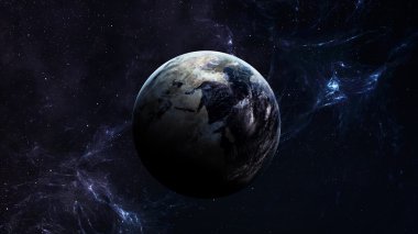 Yüksek çözünürlük Planet Earth görünümü. Dünya Dünya uzaydan bir yıldız alanda arazi ve bulutlarda gösteriliyor. Bu görüntü unsurları Nasa tarafından döşenmiştir