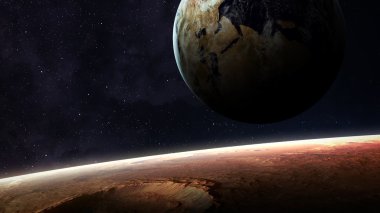 Uzayda gezegenlerin, yıldızların ve galaksilerin olduğu evren sahnesi uzay keşiflerinin güzelliğini gösteriyor. NASA tarafından döşenmiş elementler