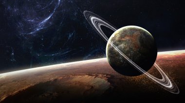 Uzayda gezegenlerin, yıldızların ve galaksilerin olduğu evren sahnesi uzay keşiflerinin güzelliğini gösteriyor. NASA tarafından döşenmiş elementler