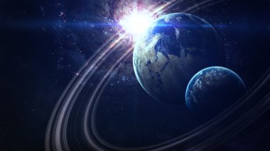 Uzayda gezegenlerin, yıldızların ve galaksilerin olduğu evren sahnesi uzay keşiflerinin güzelliğini gösteriyor. NASA tarafından döşenmiş elementler