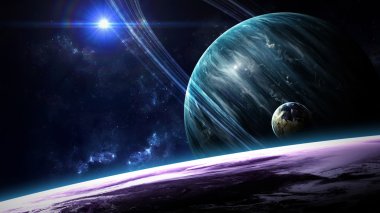 Uzayda gezegenlerin, yıldızların ve galaksilerin olduğu evren sahnesi uzay keşiflerinin güzelliğini gösteriyor. NASA tarafından döşenmiş elementler