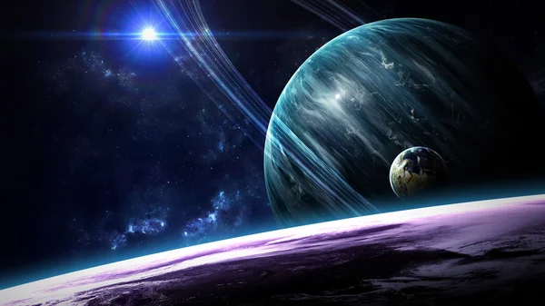Вселенская сцена с планетами, звездами и галактиками в космосе показывает красоту освоения космоса. Элементы, обставленные НАСА — стоковое фото
