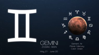 Zodiac sign - Gemini. Cool astrologic infographics. Elements of this image furnished by NASA