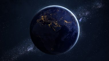 Yüksek çözünürlük Planet Earth görünümü. Dünya Dünya uzaydan bir yıldız alanda arazi ve bulutlarda gösteriliyor. Bu görüntü unsurları Nasa tarafından döşenmiştir