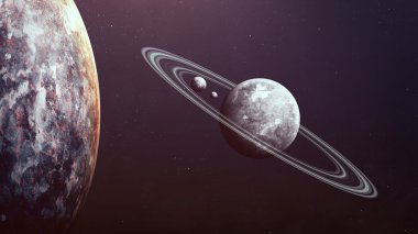 Uzayda gezegenlerin, yıldızların ve galaksilerin olduğu evren sahnesi uzay keşiflerinin güzelliğini gösteriyor. NASA tarafından döşenmiş elementler