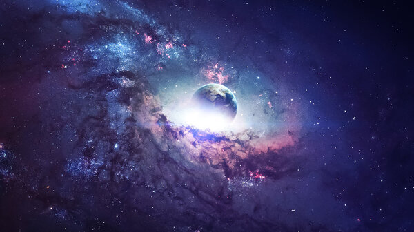 Вселенская сцена с планетами, звездами и галактиками в космосе показывает красоту освоения космоса. Элементы, обставленные НАСА
