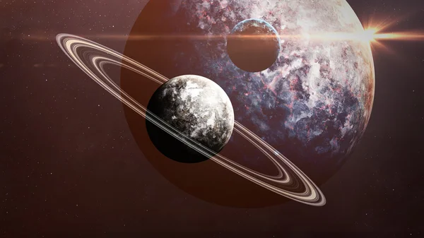 Scena wszechświata z planetami, gwiazdami i galaktykami w przestrzeni kosmicznej ukazująca piękno eksploracji kosmosu. Elementy dostarczone przez NASA — Zdjęcie stockowe