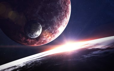 Uzayda gezegenlerin, yıldızların ve galaksilerin olduğu evren sahnesi uzay keşiflerinin güzelliğini gösteriyor. NASA tarafından döşenmiş elementler