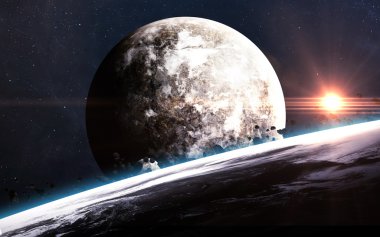 Uzayda gezegenlerin, yıldızların ve galaksilerin olduğu evren sahnesi uzay keşiflerinin güzelliğini gösteriyor. NASA tarafından döşenmiş elementler