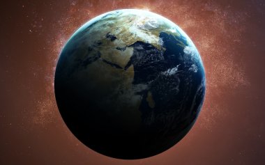 Yüksek çözünürlük Planet Earth görünümü. Dünya Dünya uzaydan bir yıldız alanda arazi ve bulutlarda gösteriliyor. Bu görüntü unsurları Nasa tarafından döşenmiştir